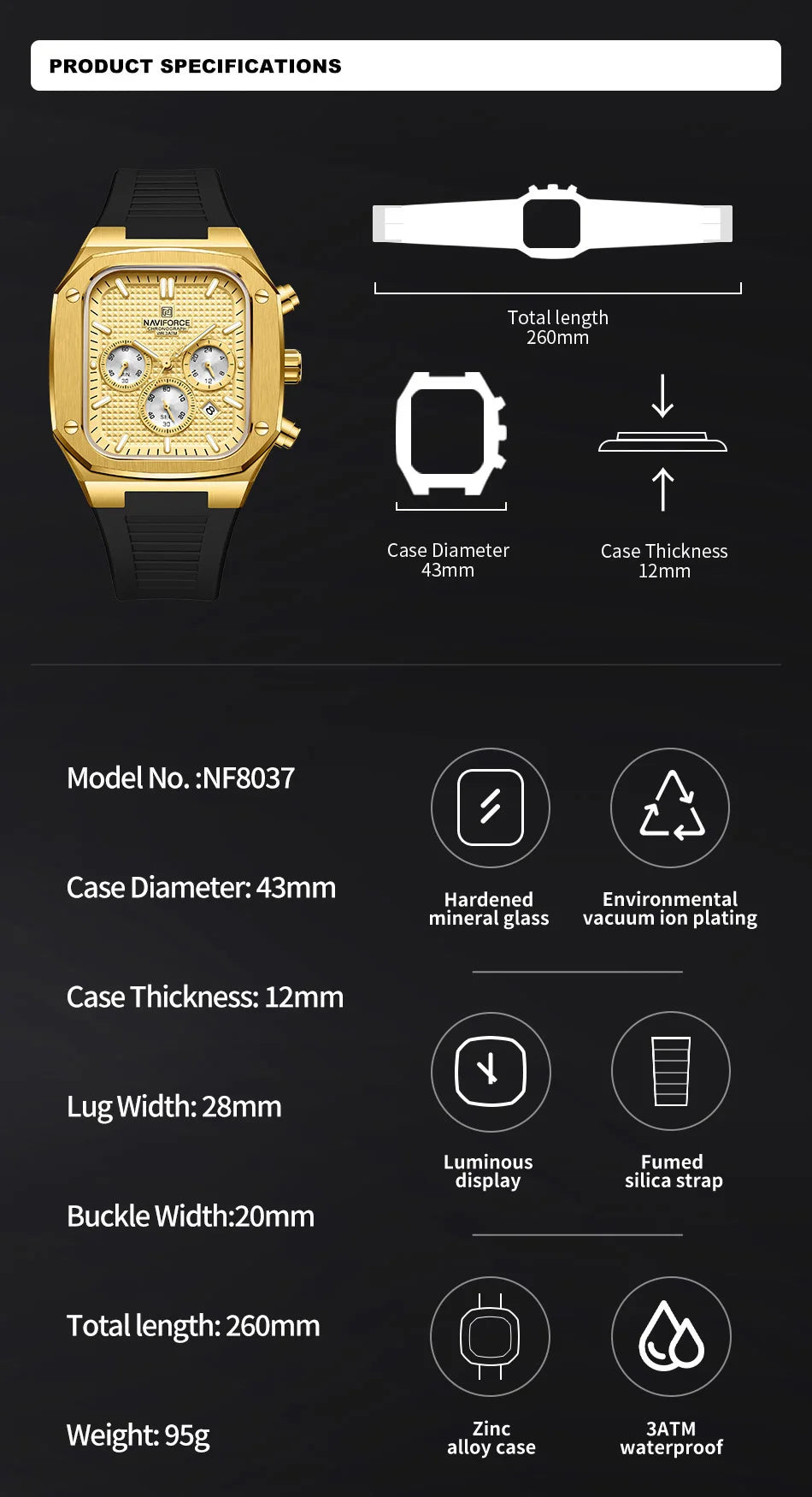 NAVIFORCE Top Luxury Gold Watches for Men Fashion Silicone Strap Quartz Square Wristwatch Waterproof Luminous hands Date Clock