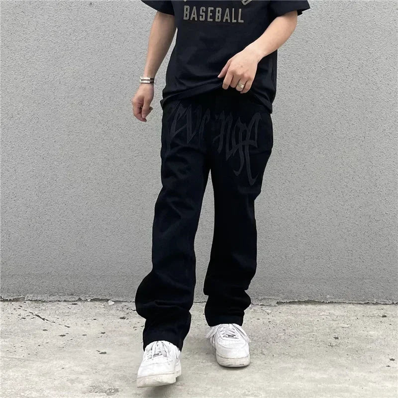 Baggy Jeans Men's New 2024 Black Streetwear Y2k Clothes Denim Trousers American Retro Embroidery Letter Pants Straight Hip-hop