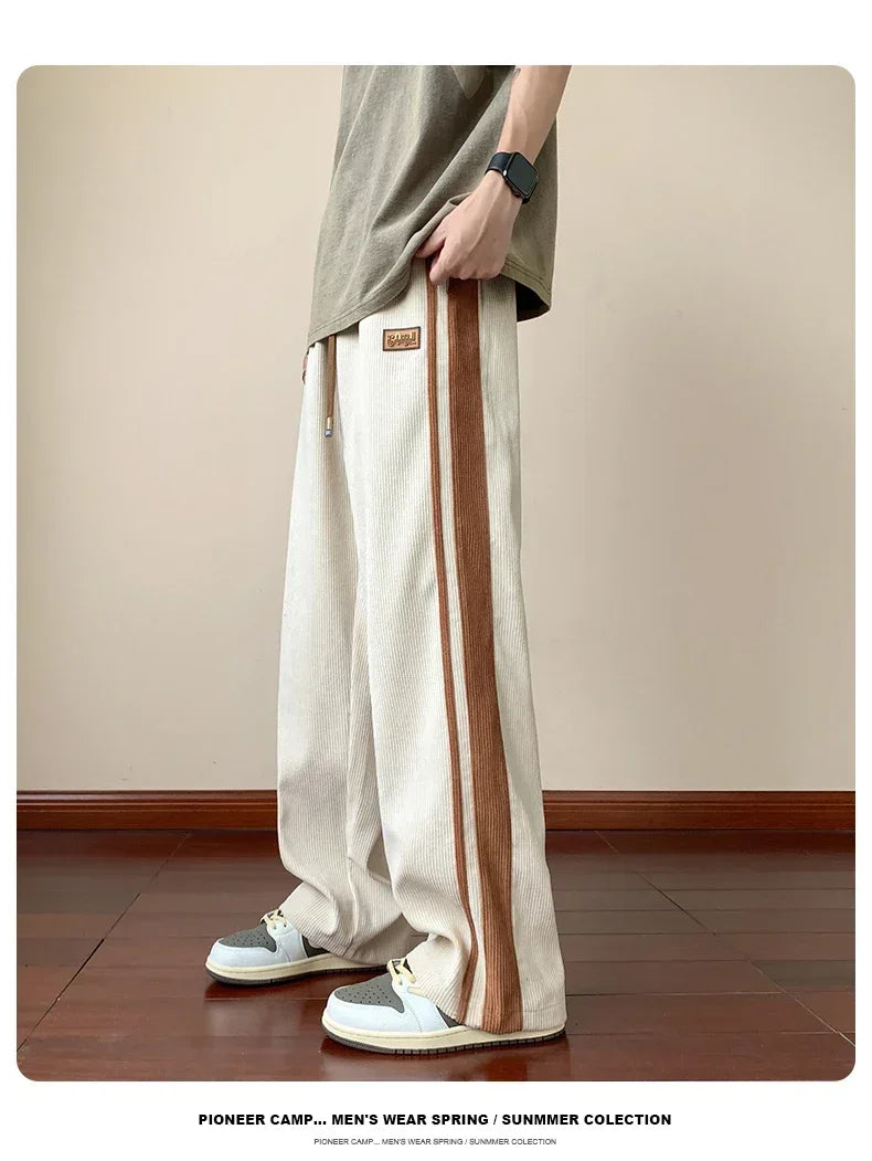 Autumn Men Pants Streetwear Side Stripe Trousers Men's Loose Straight Slit Wide Leg Pants Large Size High Street Sweatpants