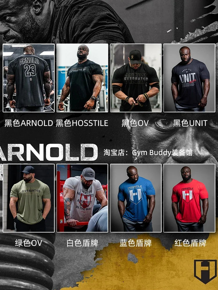 HOSSTILE Short Sleeved Fitness American Loose Muscle Tough Guy Top Breathable Sports Arnold Classic T-shirt