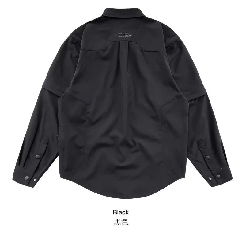 Men's Techwear Button Up Shirt Oversized Streetwear Harajuku Hip Hop Shirts Detachable Sleeve Black Tooling Button Up Blouse