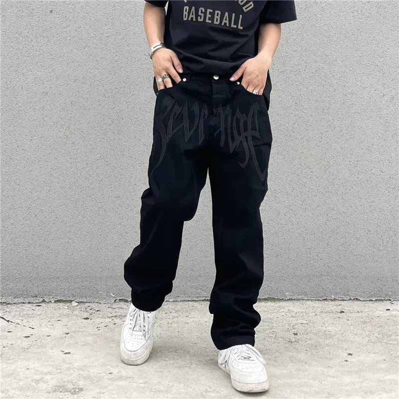 Baggy Jeans Men's New 2024 Black Streetwear Y2k Clothes Denim Trousers American Retro Embroidery Letter Pants Straight Hip-hop