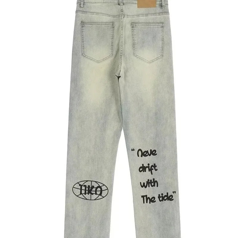 American Gothic Letter Men's Baggy Jeans Y2K Retro Harajuku Straight Denim Trousers Hip Hop Fashion Printed Jean Man Pants