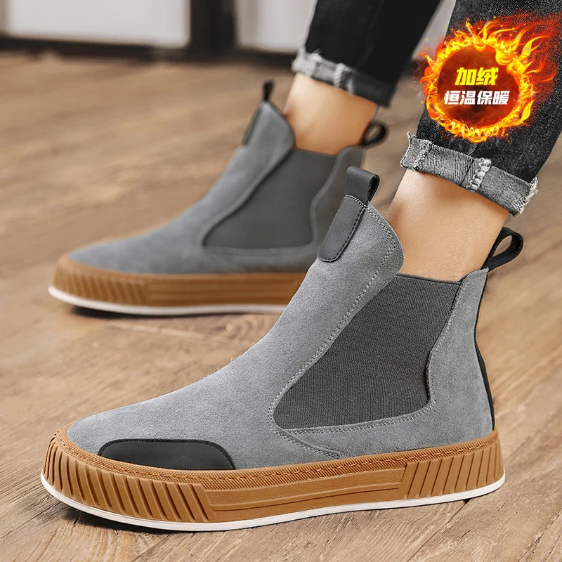 Autumn Winter Warm Plush Casual High top Men Shoes Designer Chelsea Suede Shoes Men Fashion Punk Style Platform Male Boots Snow