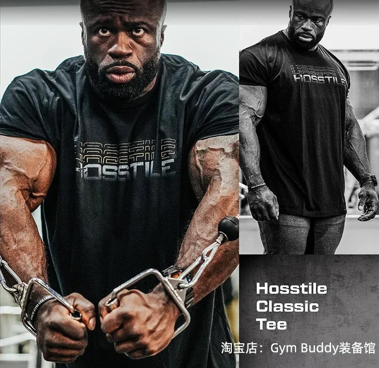 HOSSTILE Short Sleeved Fitness American Loose Muscle Tough Guy Top Breathable Sports Arnold Classic T-shirt