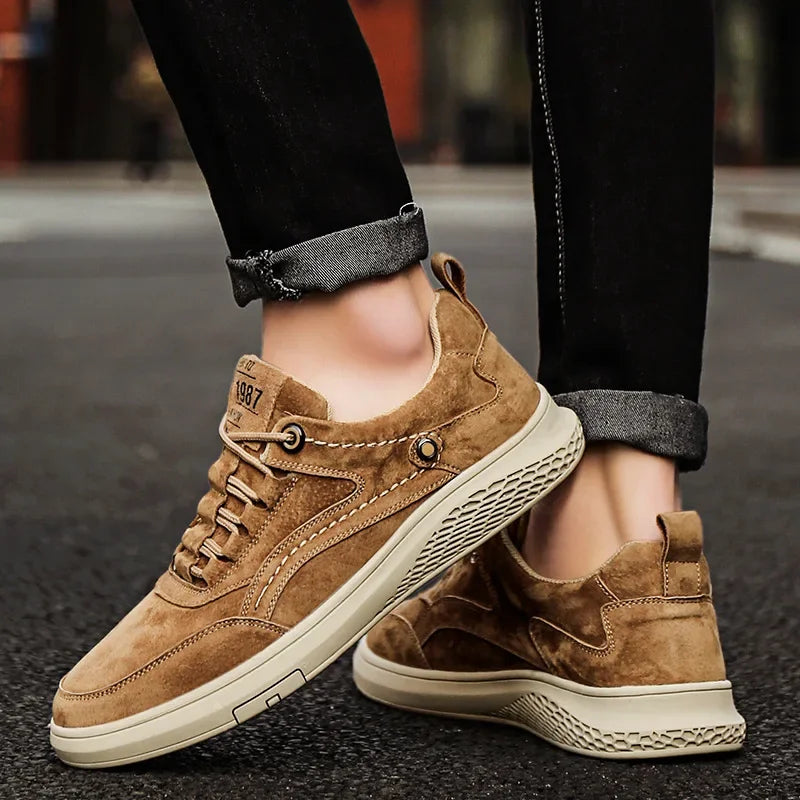 Brown Men Casual Shoes Handmade Man Shoes Suede Korean Style Skateboard Shoe High Quality Mens Sneakers Shallow Lace Up Shoes