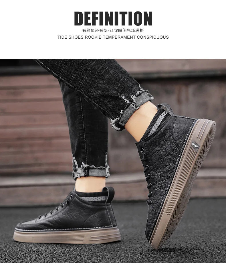 Men's Casual Leather Shoes 2023 New Shoes for Men High-top Black Casual Male Sneakers Platform Ankle Boots Tênis Masculino