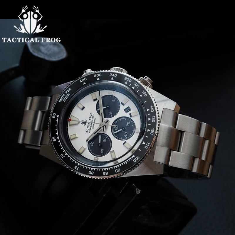 Tactical Frog 41mm Men's Chronograph Watch VS75 Solar Quartz Movement Waterproof Sapphire Green C3 Luminous Quartz Wristwatch