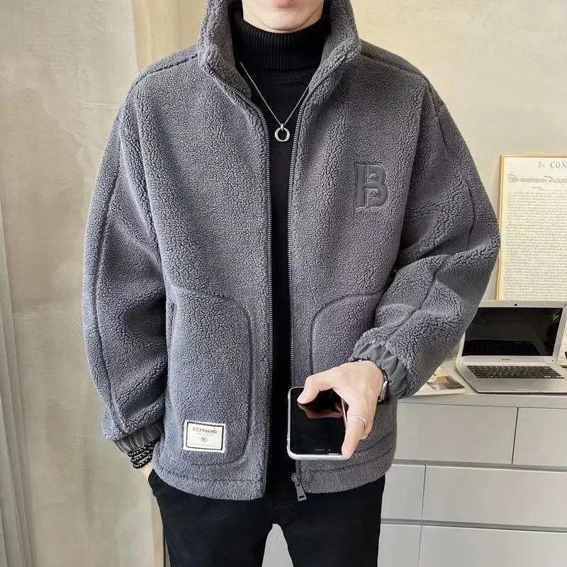 New 2023 Korean Style Men's Cotton Fleece-lined Jacket Casual Loose Fit Thickened Fall Winter Trendy Brand Leisure Wear