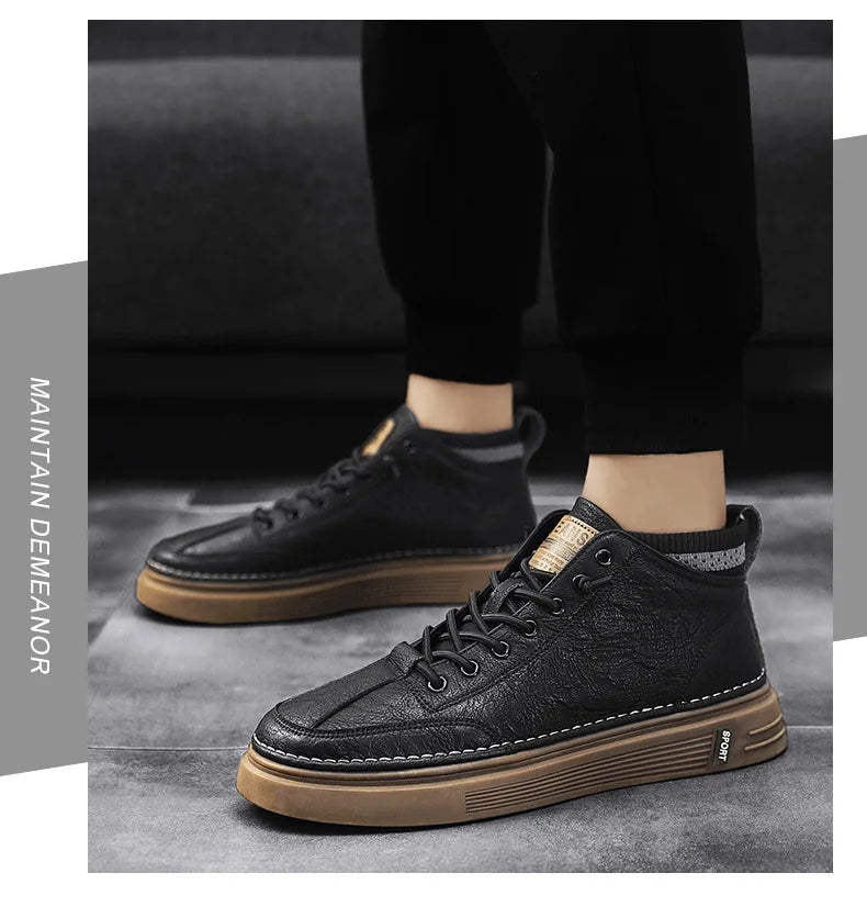 Men's Casual Leather Shoes 2023 New Shoes for Men High-top Black Casual Male Sneakers Platform Ankle Boots Tênis Masculino