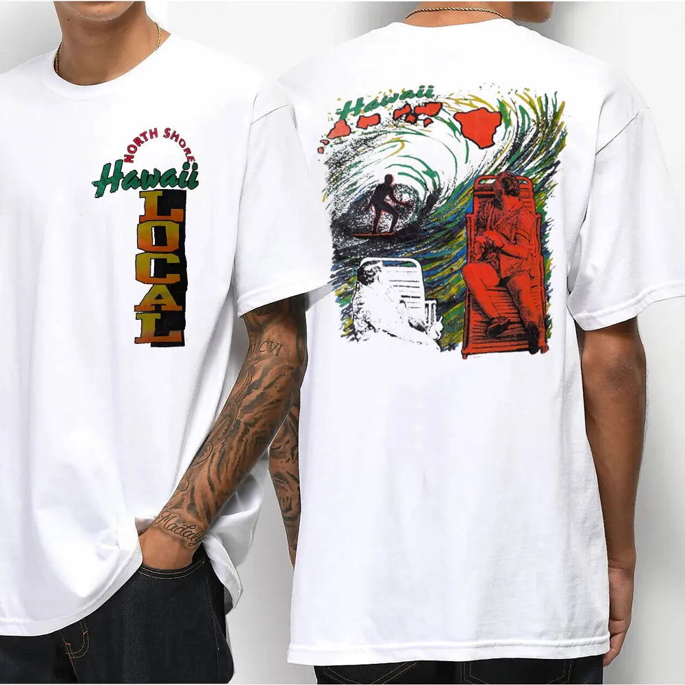 Hawaiian Style Men's Casual T-shirt Island Hanging Pine Shaka Surfboard Men's and Women's White Cotton Tee Retro Beach Surf Tops