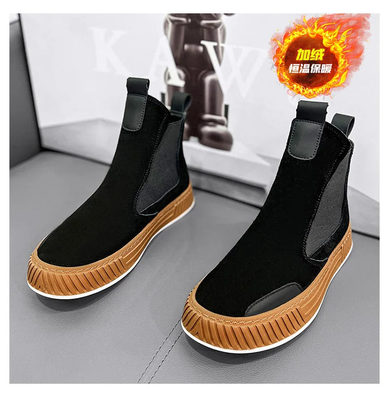 Autumn Winter Warm Plush Casual High top Men Shoes Designer Chelsea Suede Shoes Men Fashion Punk Style Platform Male Boots Snow