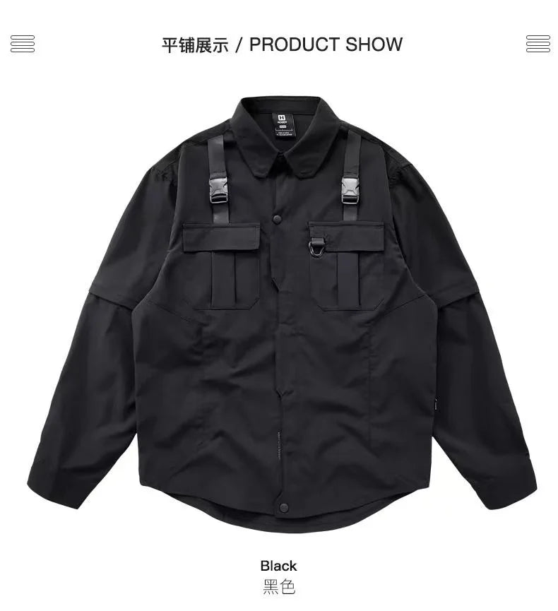 Men's Techwear Button Up Shirt Oversized Streetwear Harajuku Hip Hop Shirts Detachable Sleeve Black Tooling Button Up Blouse