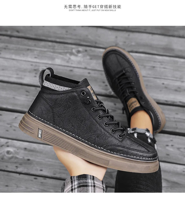 Men's Casual Leather Shoes 2023 New Shoes for Men High-top Black Casual Male Sneakers Platform Ankle Boots Tênis Masculino