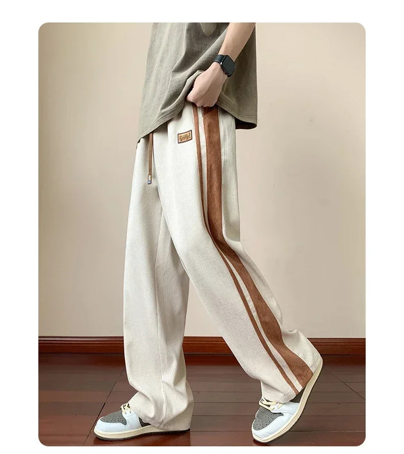 Autumn Men Pants Streetwear Side Stripe Trousers Men's Loose Straight Slit Wide Leg Pants Large Size High Street Sweatpants