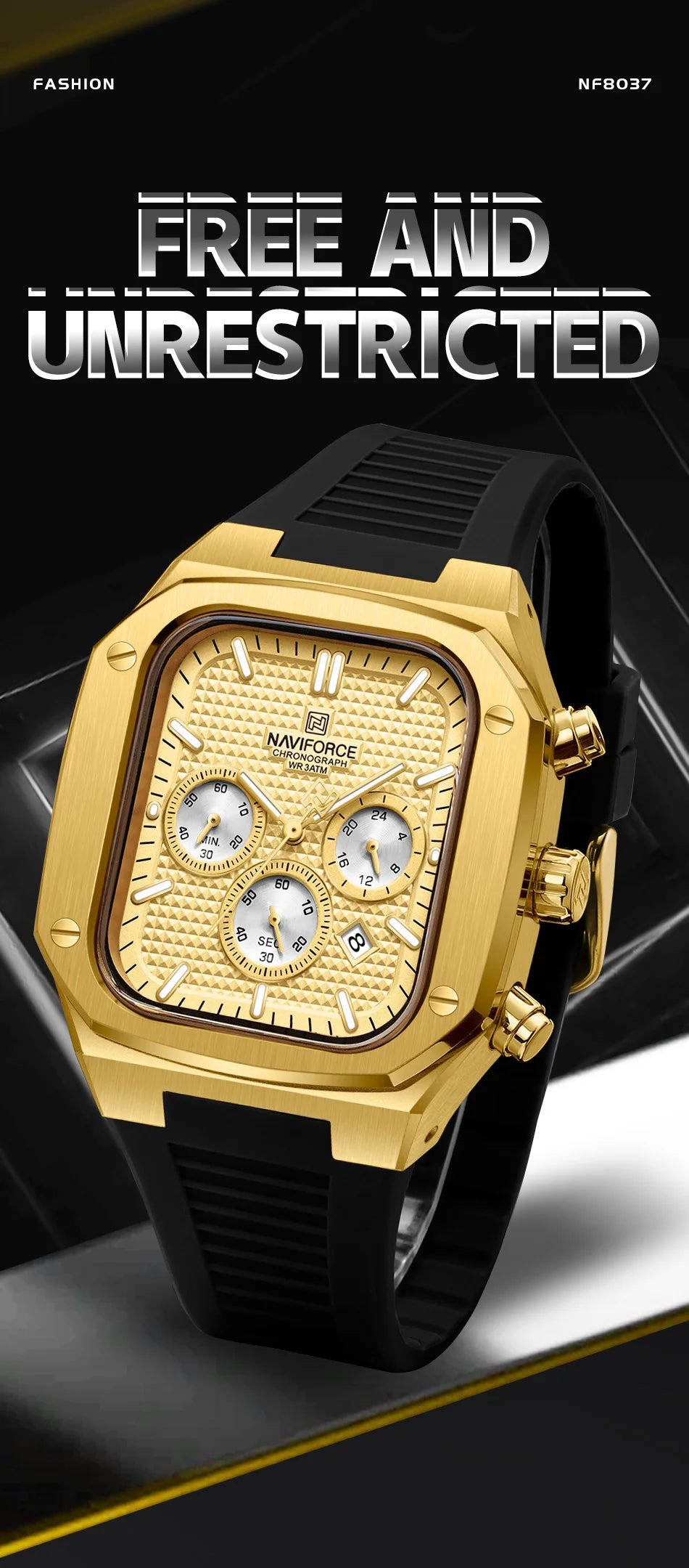 NAVIFORCE Top Luxury Gold Watches for Men Fashion Silicone Strap Quartz Square Wristwatch Waterproof Luminous hands Date Clock