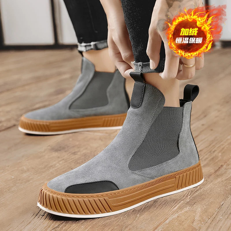 Autumn Winter Warm Plush Casual High top Men Shoes Designer Chelsea Suede Shoes Men Fashion Punk Style Platform Male Boots Snow