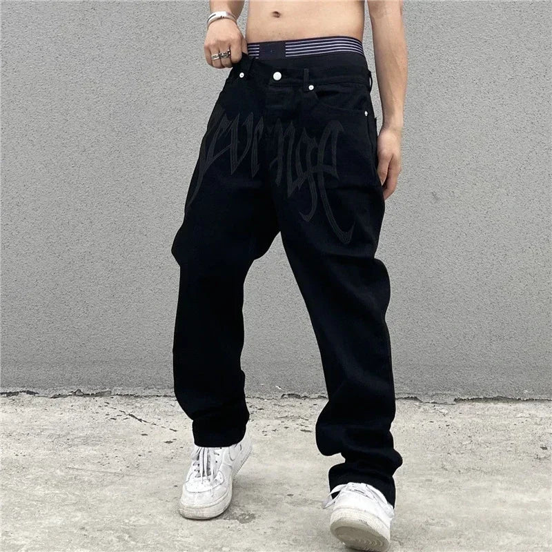 Baggy Jeans Men's New 2024 Black Streetwear Y2k Clothes Denim Trousers American Retro Embroidery Letter Pants Straight Hip-hop