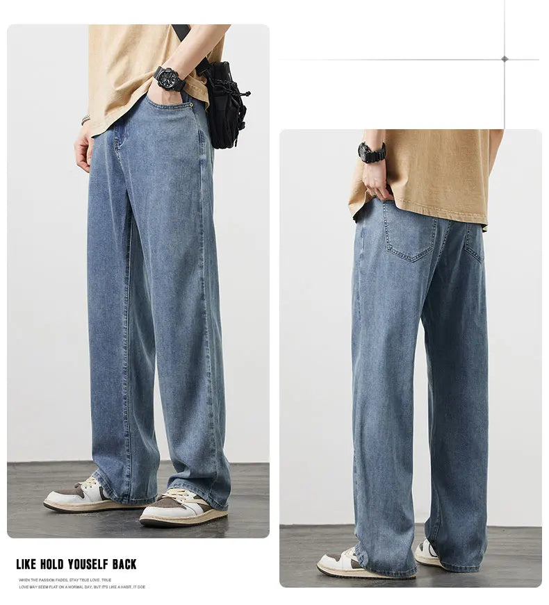 Summer Thin Men's Lyocell Loose Straight Jeans Soft Drape Ice Silk Casual Wide Leg Denim Trousers Fashion Korean Streetwear