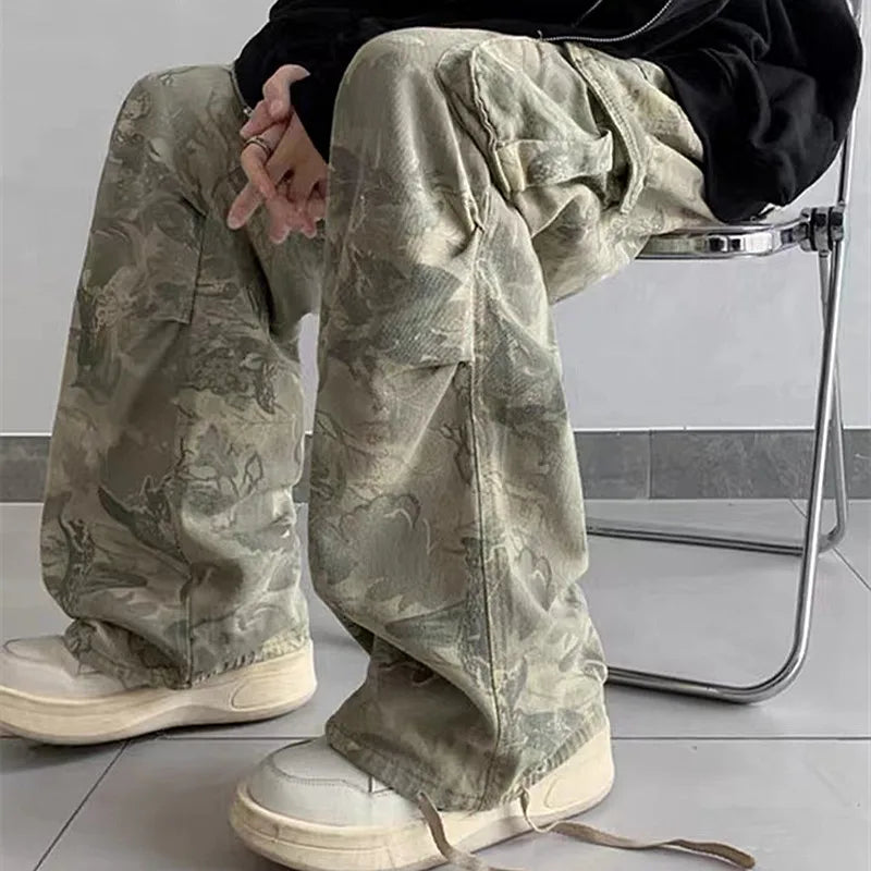 2023 Y2K Fashion Side Pockets Camouflage Baggy Cargo Jeans Pants Men Clothing Wide Leg Women Cotton Long Trousers Pantaloni Uomo