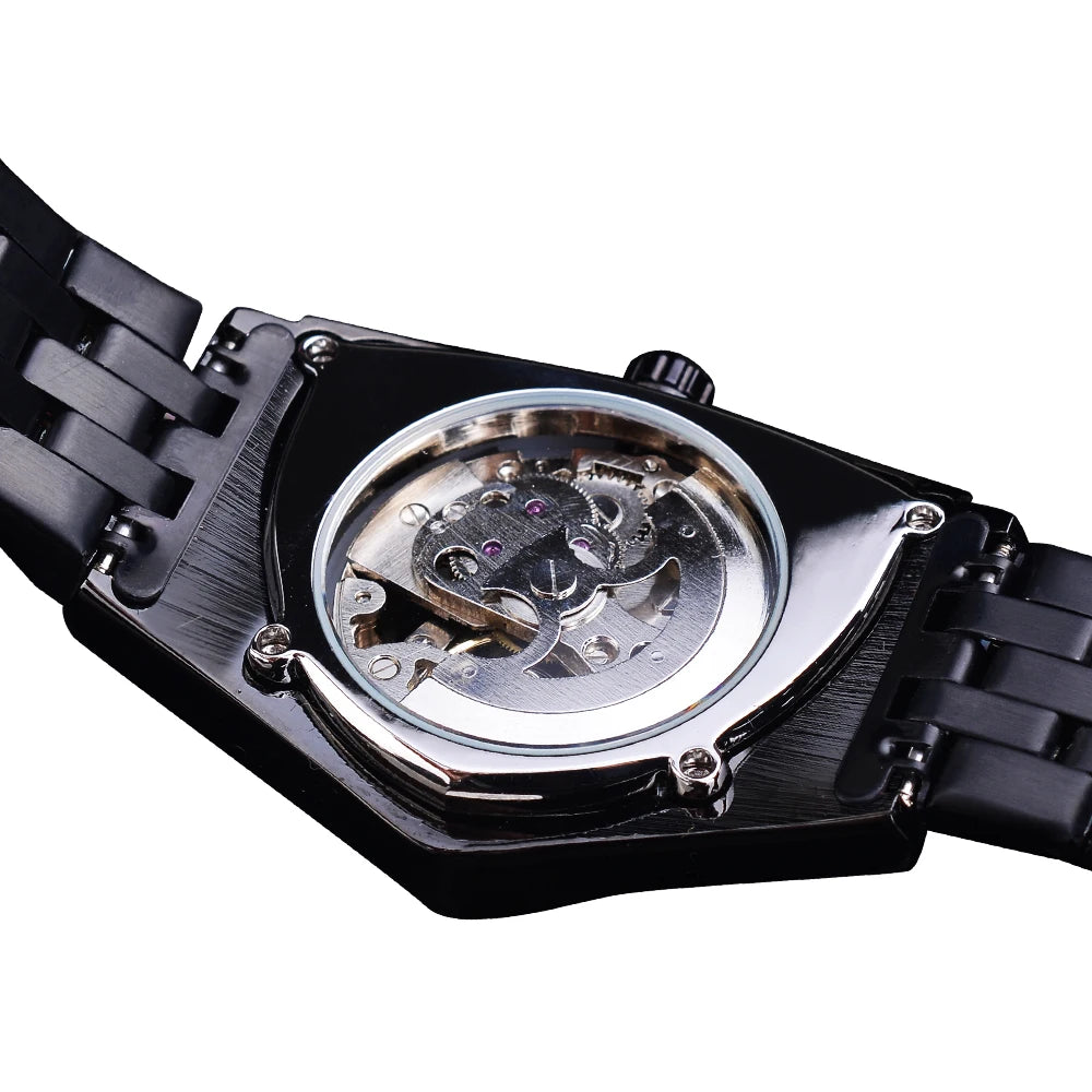 DUNCOUGAR Triangle Skeleton Black Automatic Watch Stainless Steel Men Business Sport Irregular Mechanical Wristwatch