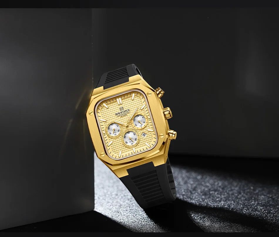 NAVIFORCE Top Luxury Gold Watches for Men Fashion Silicone Strap Quartz Square Wristwatch Waterproof Luminous hands Date Clock