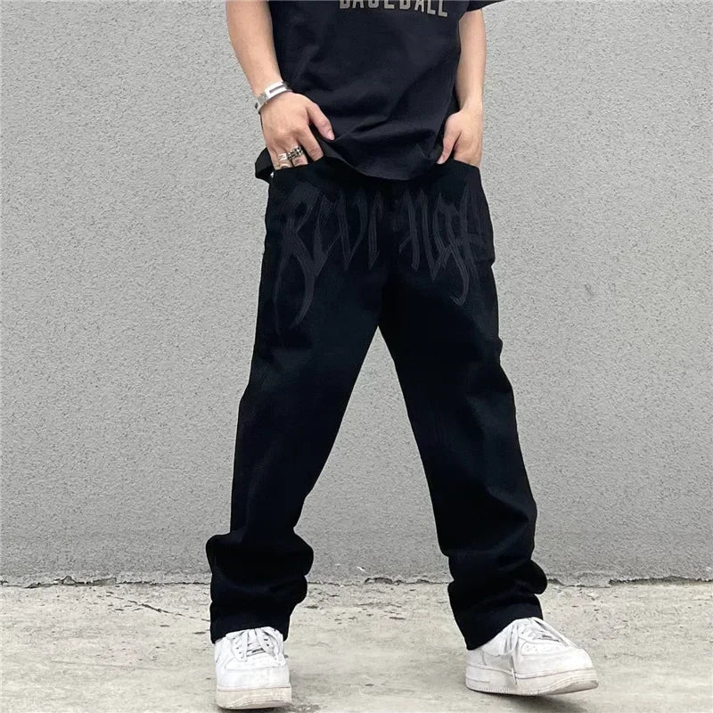 Baggy Jeans Men's New 2024 Black Streetwear Y2k Clothes Denim Trousers American Retro Embroidery Letter Pants Straight Hip-hop