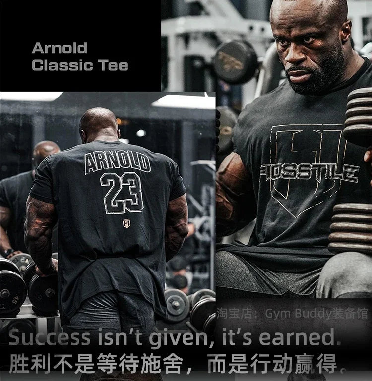 HOSSTILE Short Sleeved Fitness American Loose Muscle Tough Guy Top Breathable Sports Arnold Classic T-shirt