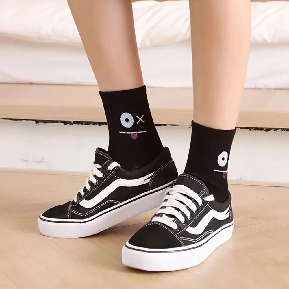 5 Palirs men Cute Expression Printed Ankle Socks Comfort Ihteresting Spring Autumn Medium tube Sock Kawal Girls' short socks