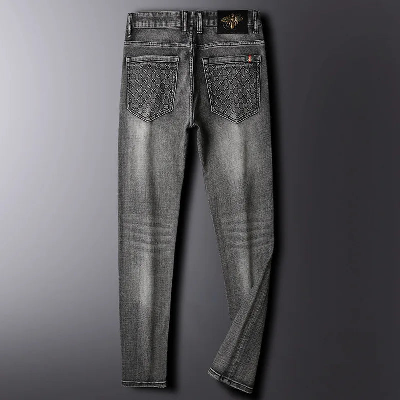 Smoky gray jeans men's affordable luxury fashion stretch slim-fitting small straight street trend high-end quality denim pants