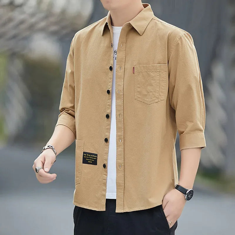 Summer Thin Work Shirt Seven-half Sleeve Cool Men's Casual Five-half Sleeve Shirt Trendy Long Top Men's Wear